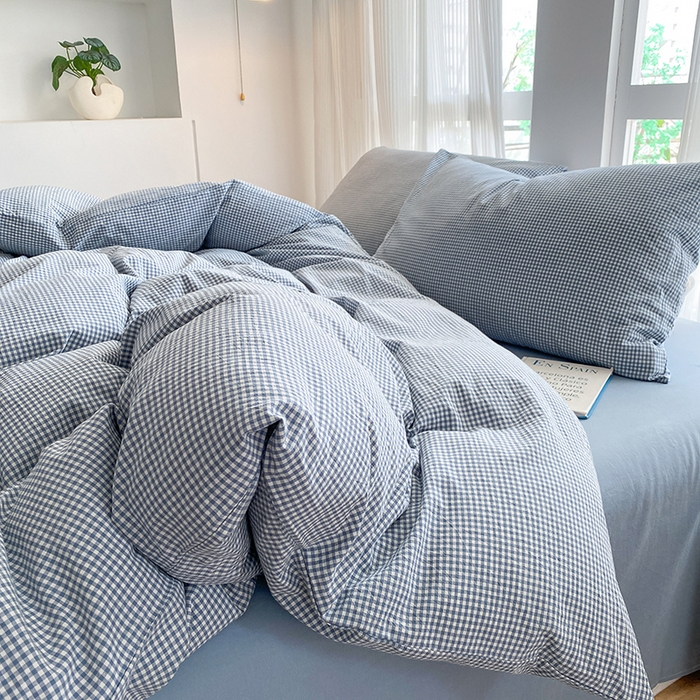 91家纺网 家纺一手货源 找家纺 尚品本色2025年新款简约风全棉水洗棉格子条纹系列四件套 浅蓝密格