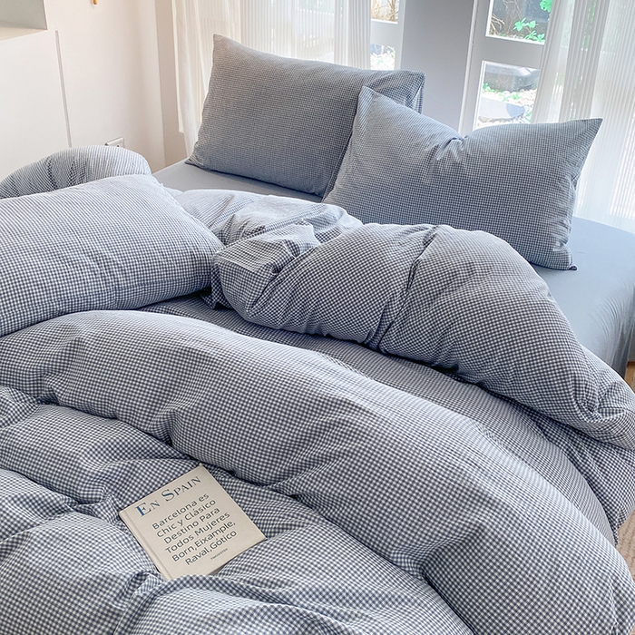 91家纺网 家纺一手货源 找家纺 尚品本色2025年新款简约风全棉水洗棉格子条纹系列四件套 浅蓝密格