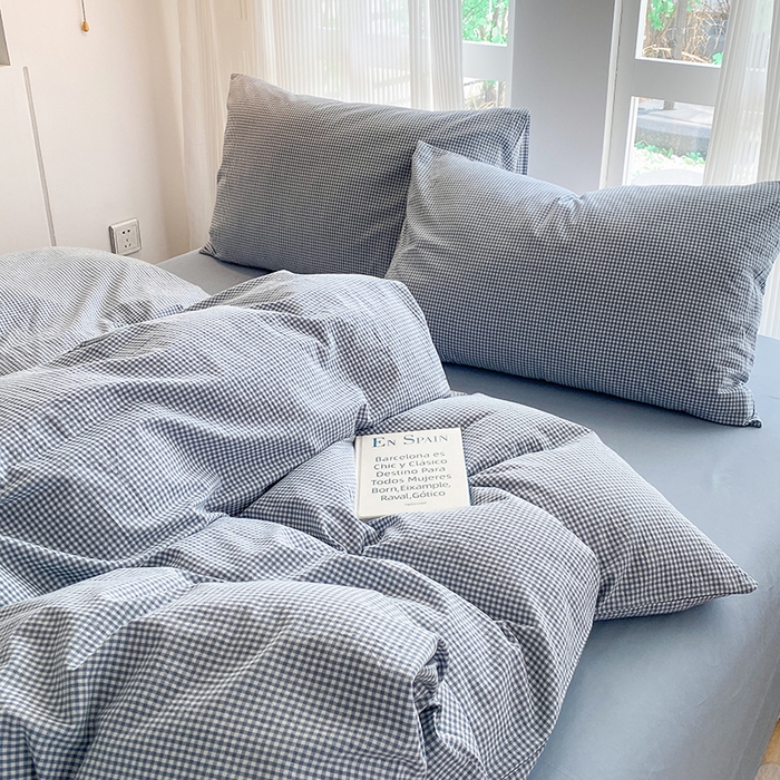 91家纺网 家纺一手货源 找家纺 尚品本色2025年新款简约风全棉水洗棉格子条纹系列四件套 浅蓝密格