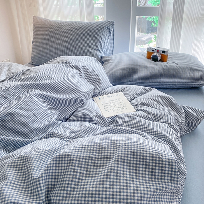 91家纺网 家纺一手货源 找家纺 尚品本色2025年新款简约风全棉水洗棉格子条纹系列四件套 浅蓝密格