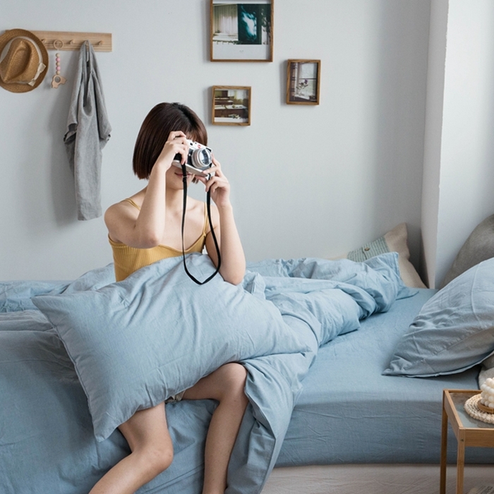 91家纺网 家纺一手货源 找家纺 尚品本色2025年新款简约风全棉水洗棉格子条纹系列四件套 浅蓝色