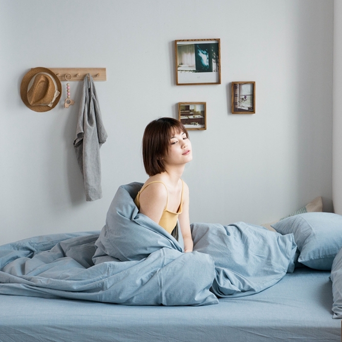 91家纺网 家纺一手货源 找家纺 尚品本色2025年新款简约风全棉水洗棉格子条纹系列四件套 浅蓝色