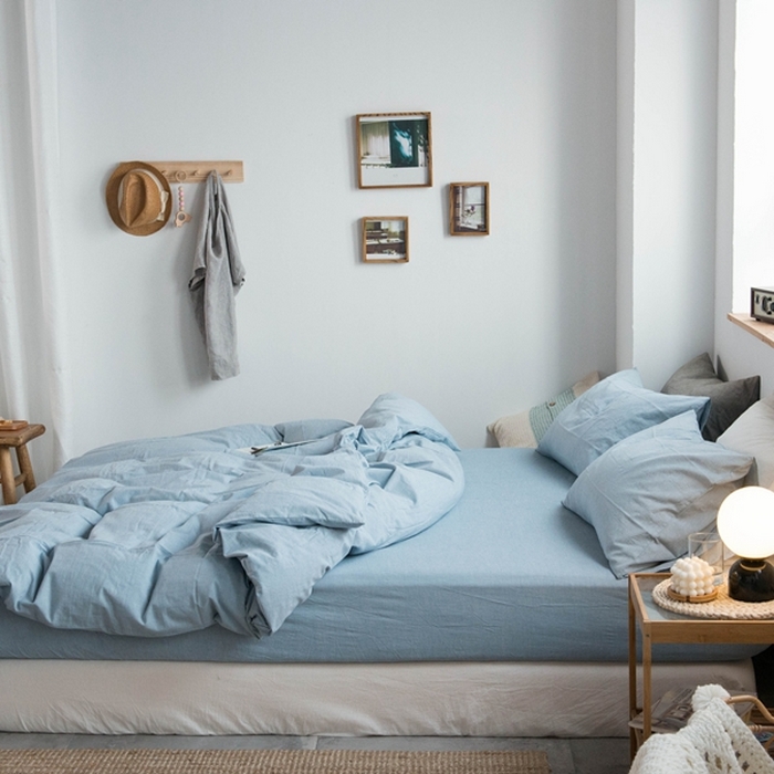 91家纺网 家纺一手货源 找家纺 尚品本色2025年新款简约风全棉水洗棉格子条纹系列四件套 浅蓝色