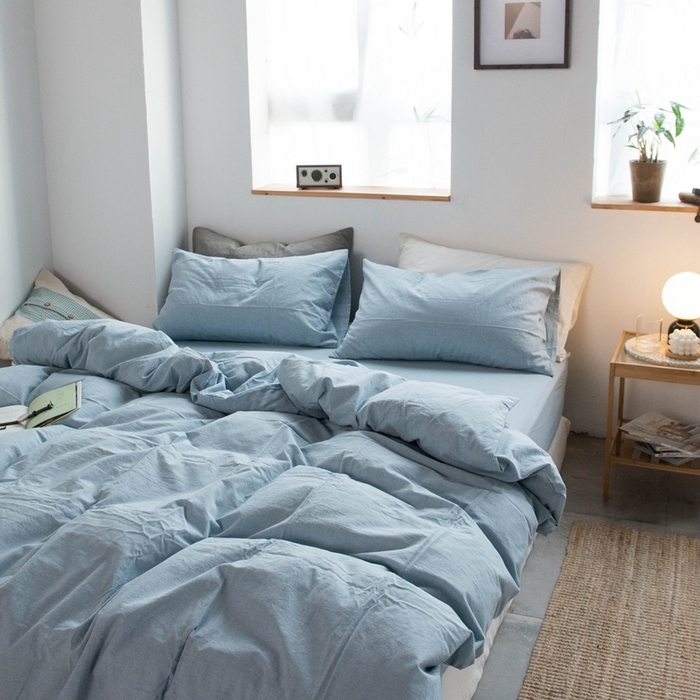 91家纺网 家纺一手货源 找家纺 尚品本色2025年新款简约风全棉水洗棉格子条纹系列四件套 浅蓝色