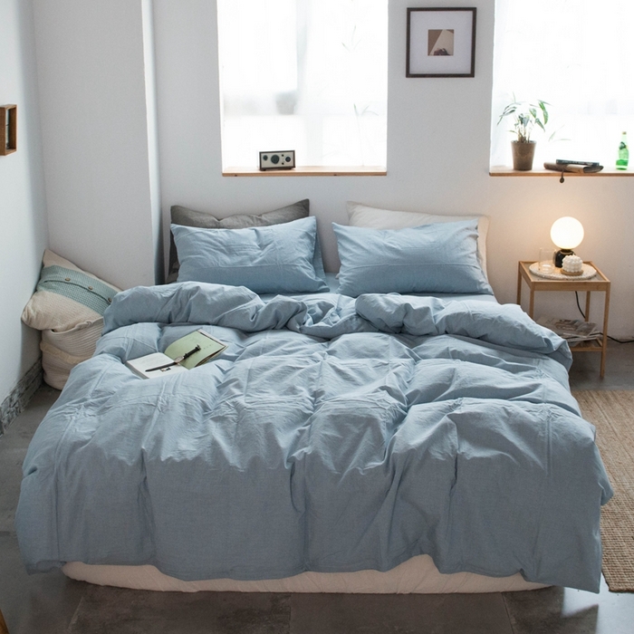 91家纺网 家纺一手货源 找家纺 尚品本色2025年新款简约风全棉水洗棉格子条纹系列四件套 浅蓝色