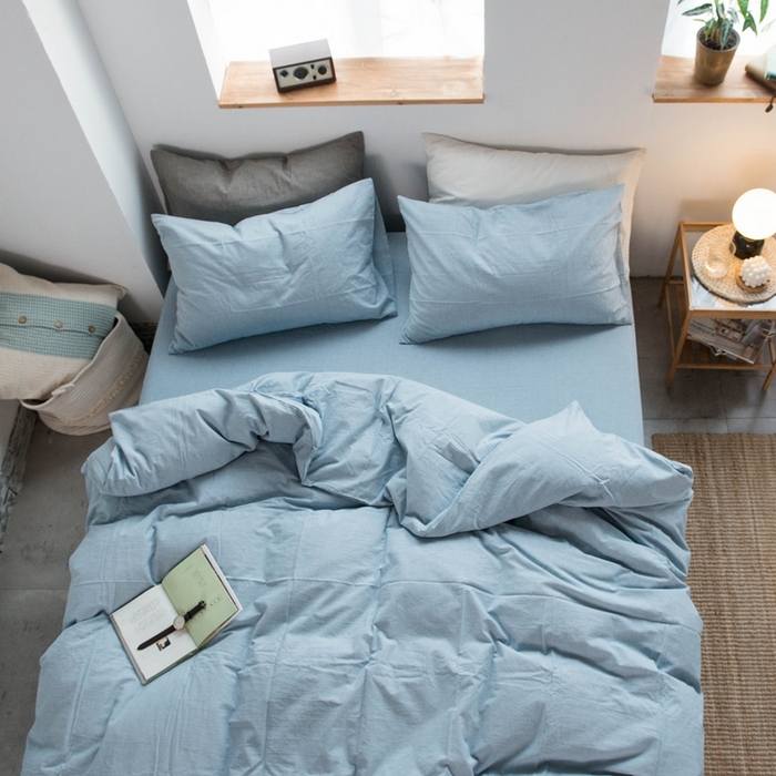 91家纺网 家纺一手货源 找家纺 尚品本色2025年新款简约风全棉水洗棉格子条纹系列四件套 浅蓝色