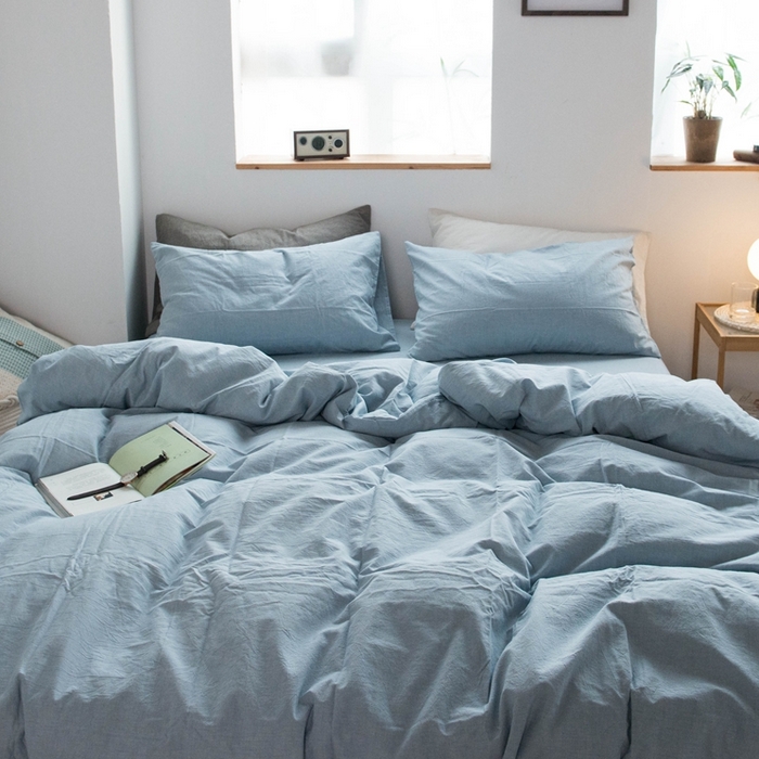 91家纺网 家纺一手货源 找家纺 尚品本色2025年新款简约风全棉水洗棉格子条纹系列四件套 浅蓝色