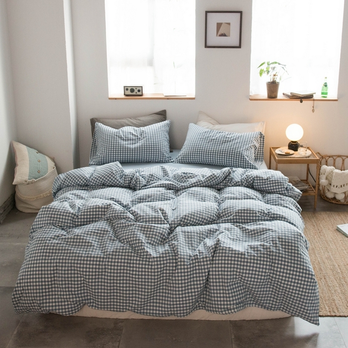 尚品本色2025年新款简约风全棉水洗棉格子条纹系列四件套 浅蓝小格