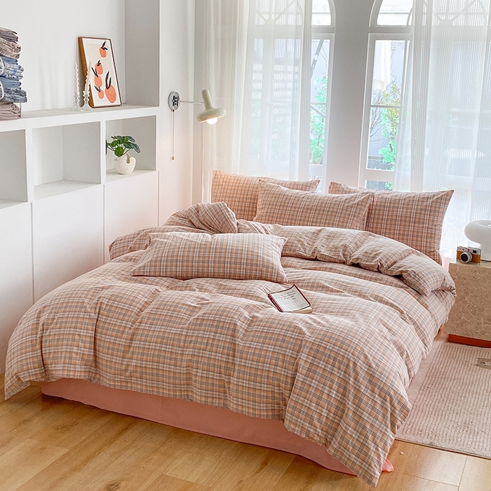 91家纺网 家纺一手货源 找家纺 尚品本色2025年新款简约风全棉水洗棉格子条纹系列四件套 森屿-桔