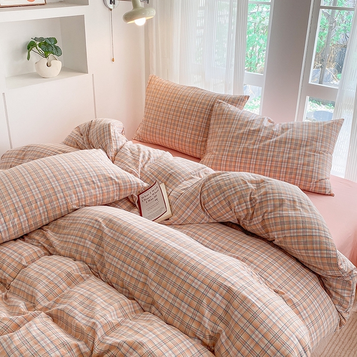 91家纺网 家纺一手货源 找家纺 尚品本色2025年新款简约风全棉水洗棉格子条纹系列四件套 森屿-桔