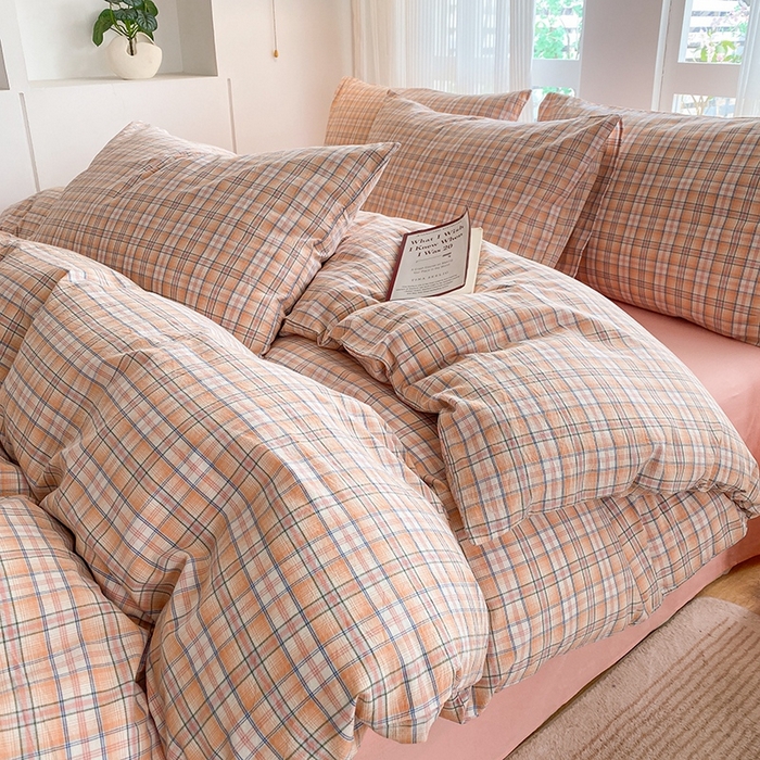 91家纺网 家纺一手货源 找家纺 尚品本色2025年新款简约风全棉水洗棉格子条纹系列四件套 森屿-桔