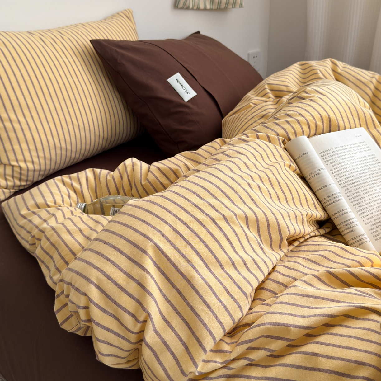 91家纺网 家纺一手货源 找家纺 玖弘家居 2025新款全棉纯棉水洗棉五色条纹混搭四件套 混搭黄咖条