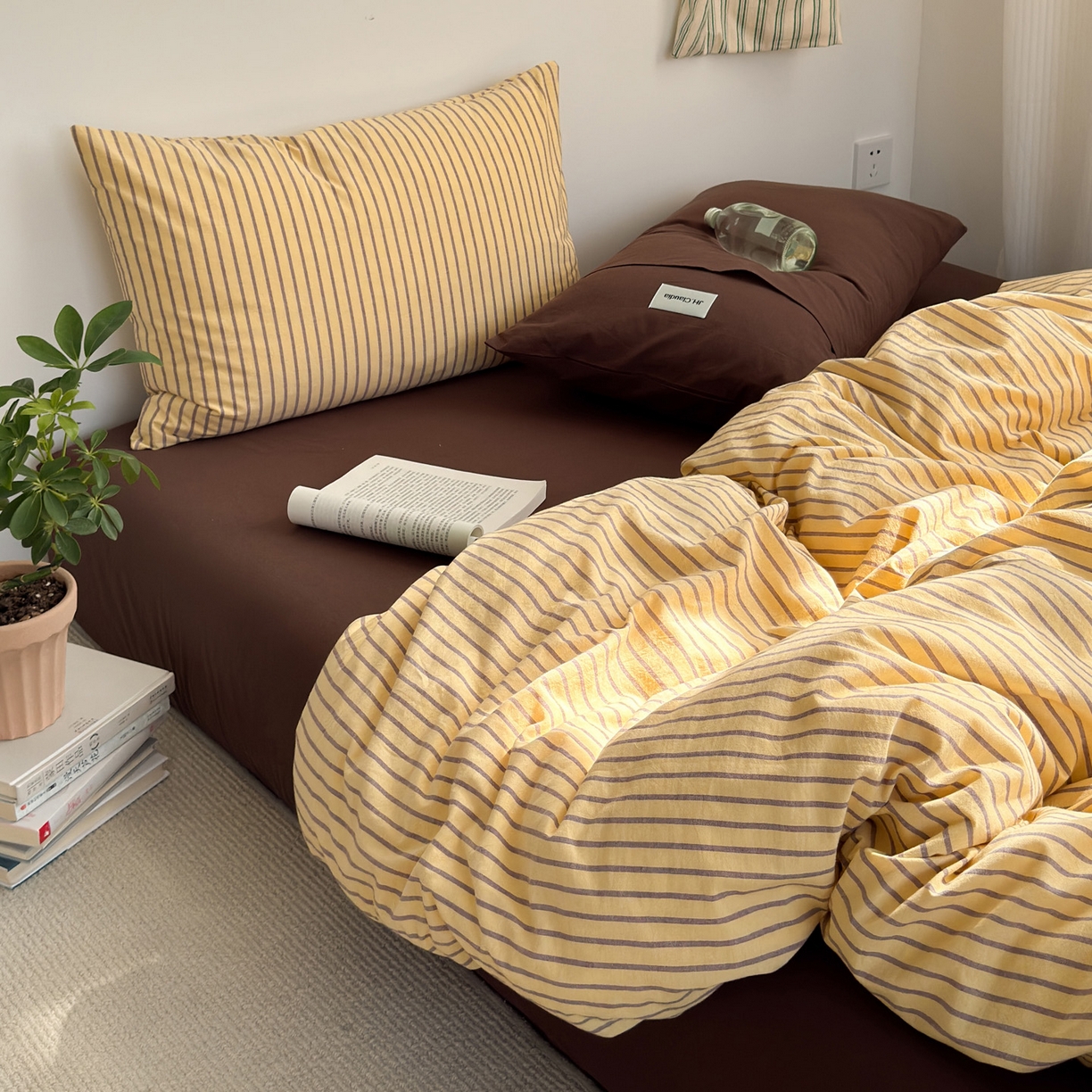 91家纺网 家纺一手货源 找家纺 玖弘家居 2025新款全棉纯棉水洗棉五色条纹混搭四件套 混搭黄咖条