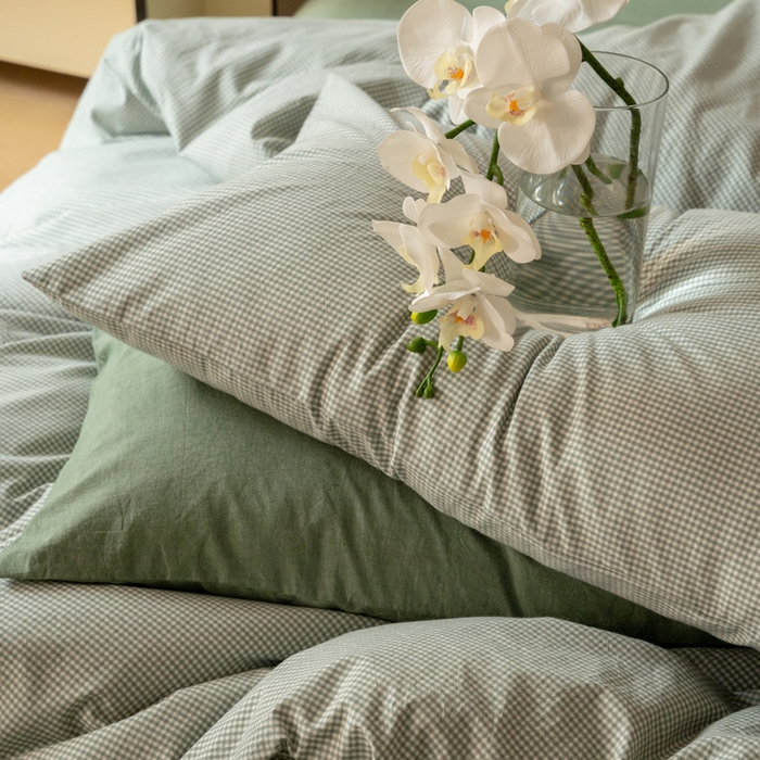 91家纺网 家纺一手货源 找家纺 玖弘家居 2025新款全棉纯棉水洗棉细格单被套 豆绿细格