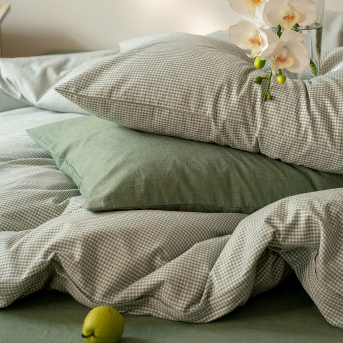 91家纺网 家纺一手货源 找家纺 玖弘家居 2025新款全棉纯棉水洗棉细格单被套 豆绿细格