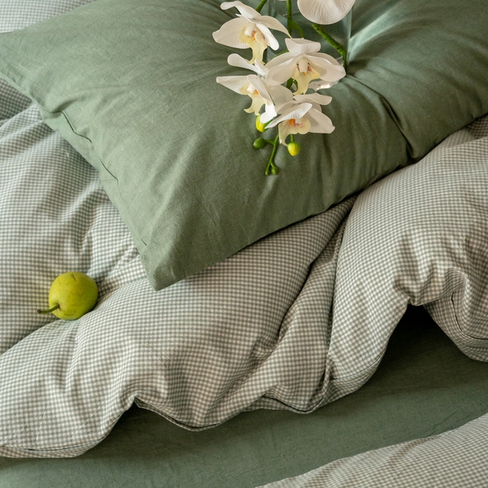 91家纺网 家纺一手货源 找家纺 玖弘家居 2025新款全棉纯棉水洗棉细格单被套 豆绿细格