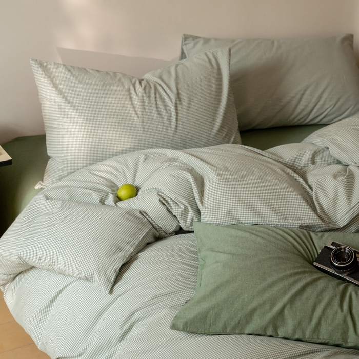 91家纺网 家纺一手货源 找家纺 玖弘家居 2025新款全棉纯棉水洗棉细格单被套 豆绿细格