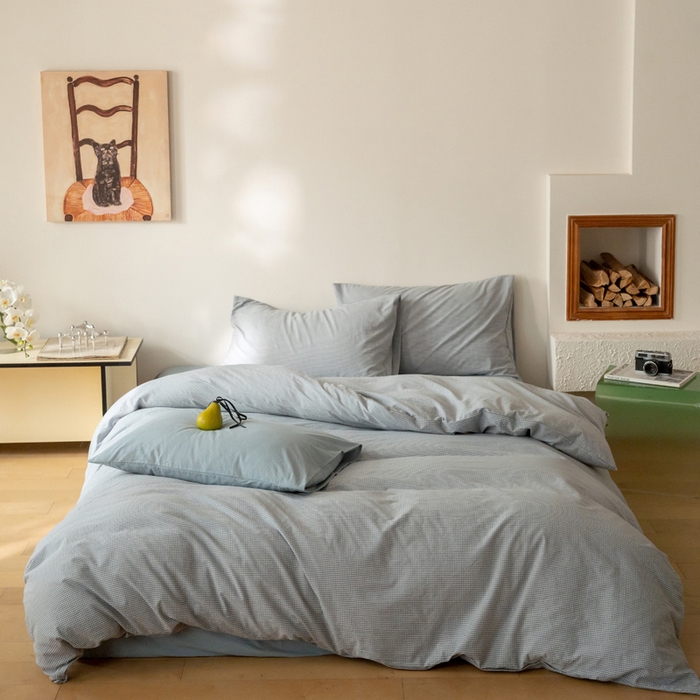 91家纺网 家纺一手货源 找家纺 玖弘家居 2025新款全棉纯棉水洗棉细格单被套 蓝灰细格