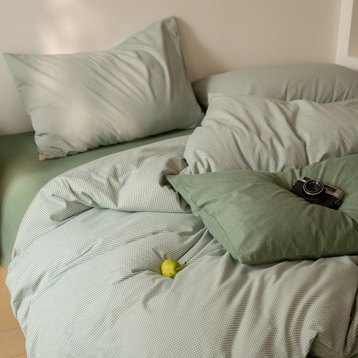 91家纺网 家纺一手货源 找家纺 玖弘家居 2025新款全棉纯棉水洗棉细格单被套 豆绿细格