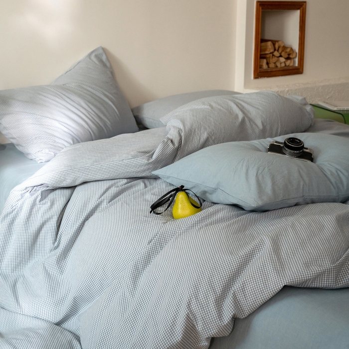 91家纺网 家纺一手货源 找家纺 玖弘家居 2025新款全棉纯棉水洗棉细格单被套 蓝灰细格
