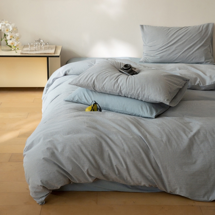 91家纺网 家纺一手货源 找家纺 玖弘家居 2025新款全棉纯棉水洗棉细格单被套 蓝灰细格