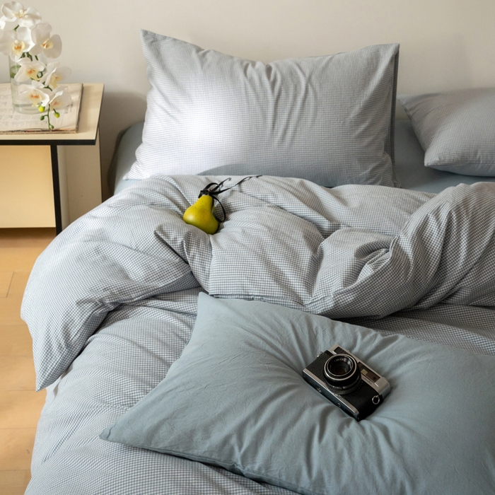 91家纺网 家纺一手货源 找家纺 玖弘家居 2025新款全棉纯棉水洗棉细格单被套 蓝灰细格