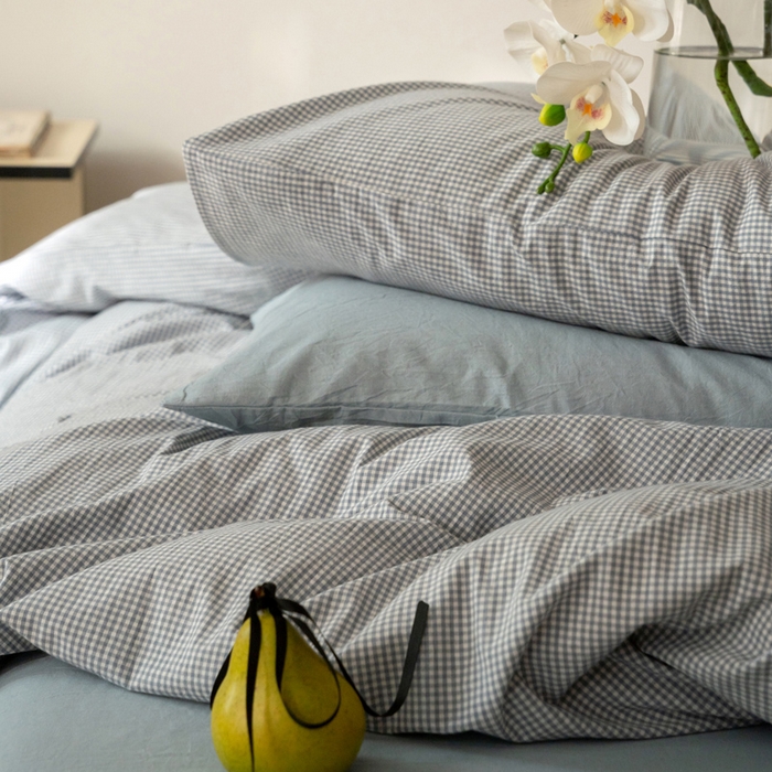 91家纺网 家纺一手货源 找家纺 玖弘家居 2025新款全棉纯棉水洗棉细格单被套 蓝灰细格