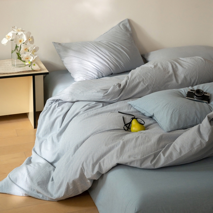 91家纺网 家纺一手货源 找家纺 玖弘家居 2025新款全棉纯棉水洗棉细格单被套 蓝灰细格