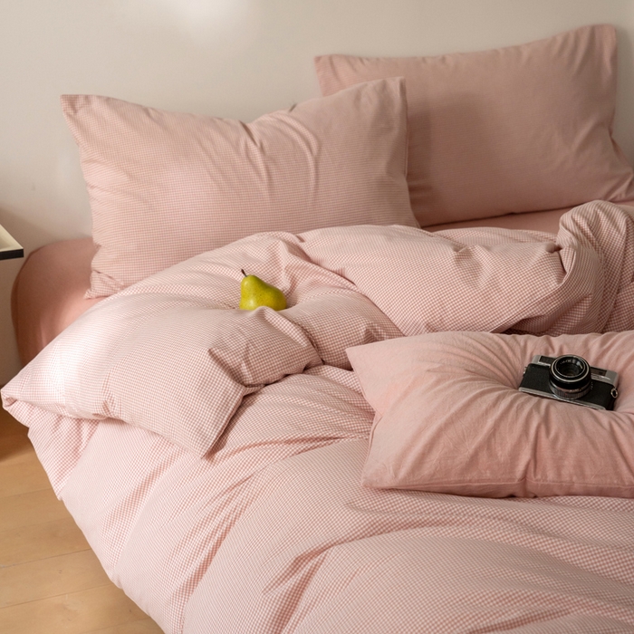 91家纺网 家纺一手货源 找家纺 玖弘家居 2025新款全棉纯棉水洗棉细格单被套 皮粉细格