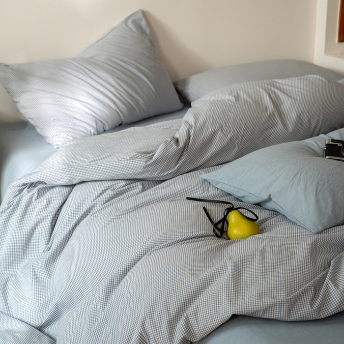 91家纺网 家纺一手货源 找家纺 玖弘家居 2025新款全棉纯棉水洗棉细格单被套 蓝灰细格