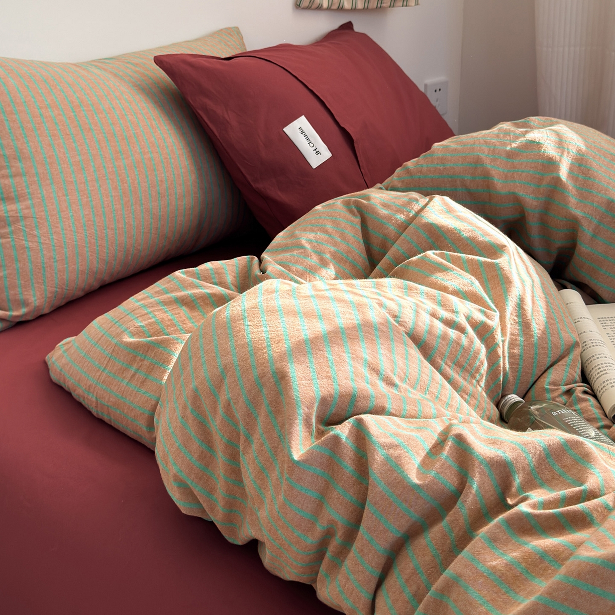 91家纺网 家纺一手货源 找家纺 玖弘家居 2025新款全棉纯棉水洗棉五色条纹混搭单床笠 混搭桔红条