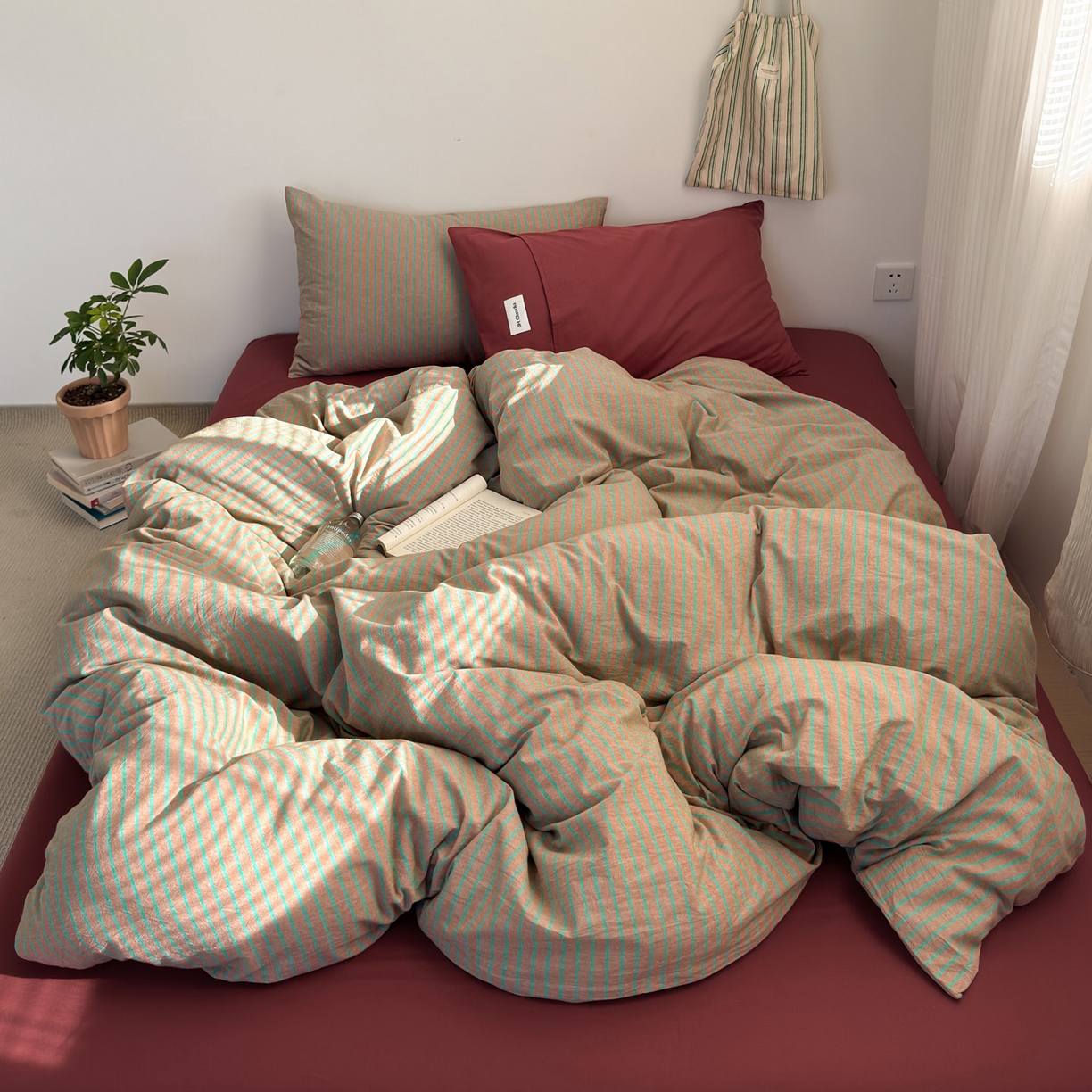 91家纺网 家纺一手货源 找家纺 玖弘家居 2025新款全棉纯棉水洗棉五色条纹混搭单床笠 混搭桔红条