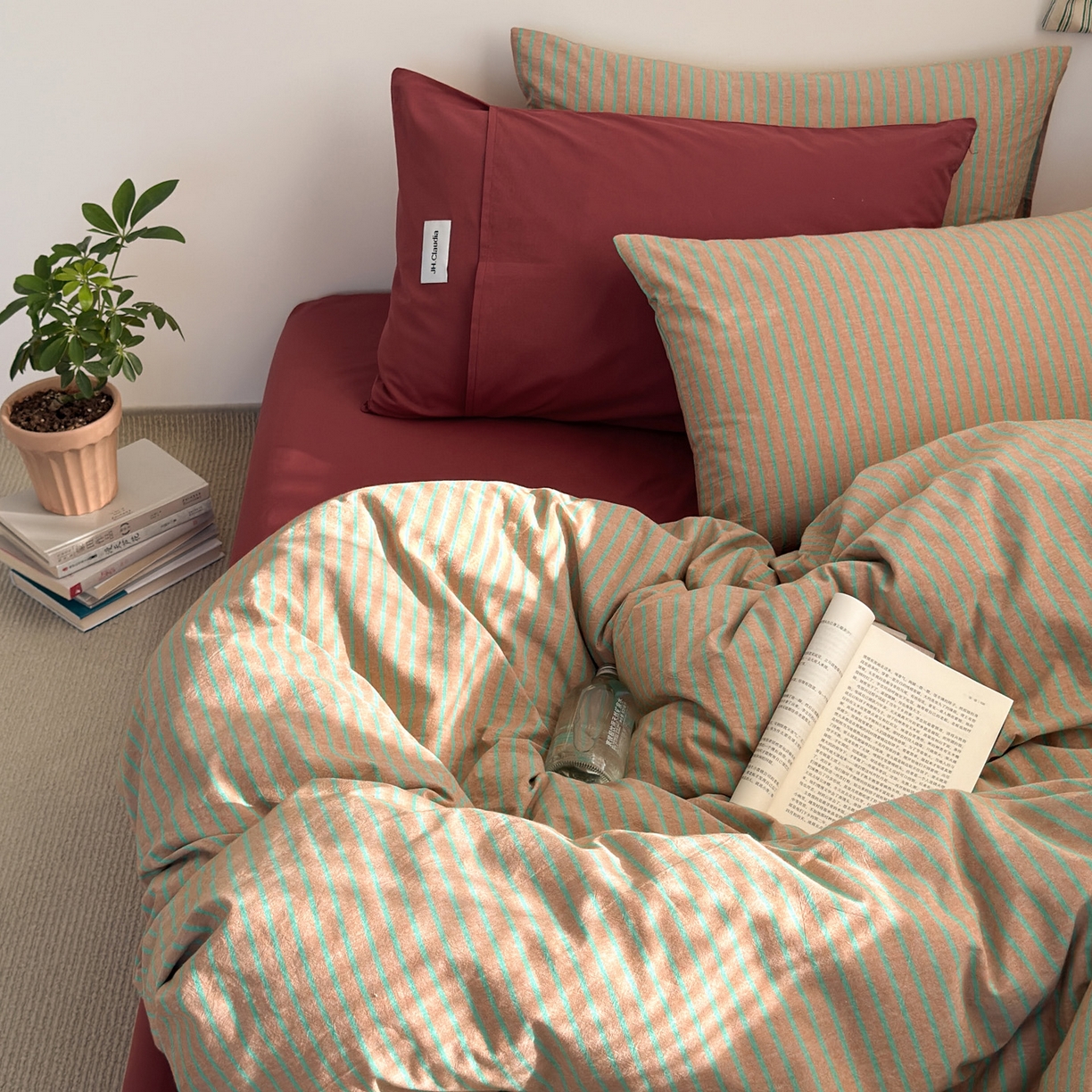 91家纺网 家纺一手货源 找家纺 玖弘家居 2025新款全棉纯棉水洗棉五色条纹混搭单床笠 混搭桔红条