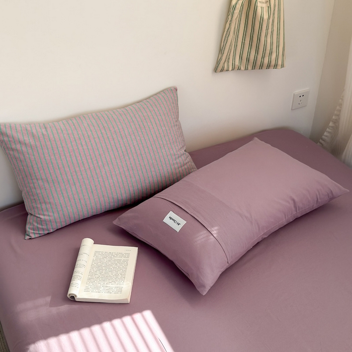 91家纺网 家纺一手货源 找家纺 玖弘家居 2025新款全棉纯棉水洗棉五色条纹混搭单床笠 混搭紫粉条