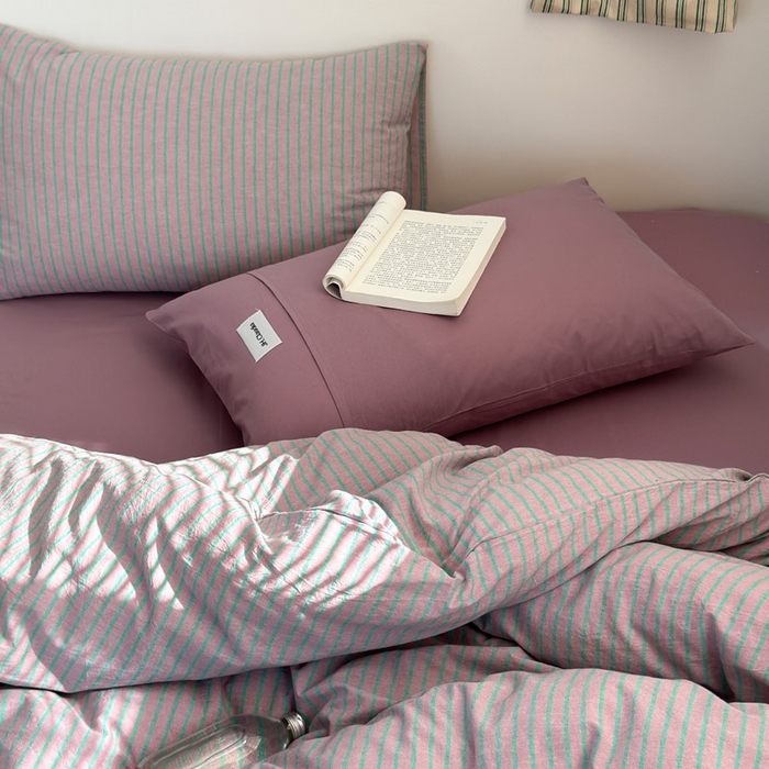 91家纺网 家纺一手货源 找家纺 玖弘家居 2025新款全棉纯棉水洗棉五色条纹混搭单床笠 混搭紫粉条