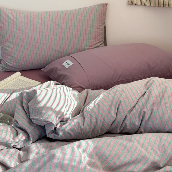 91家纺网 家纺一手货源 找家纺 玖弘家居 2025新款全棉纯棉水洗棉五色条纹混搭单床笠 混搭紫粉条