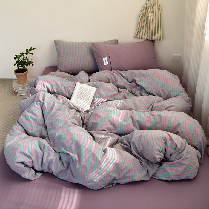 91家纺网 家纺一手货源 找家纺 玖弘家居 2025新款全棉纯棉水洗棉五色条纹混搭单床笠 混搭紫粉条