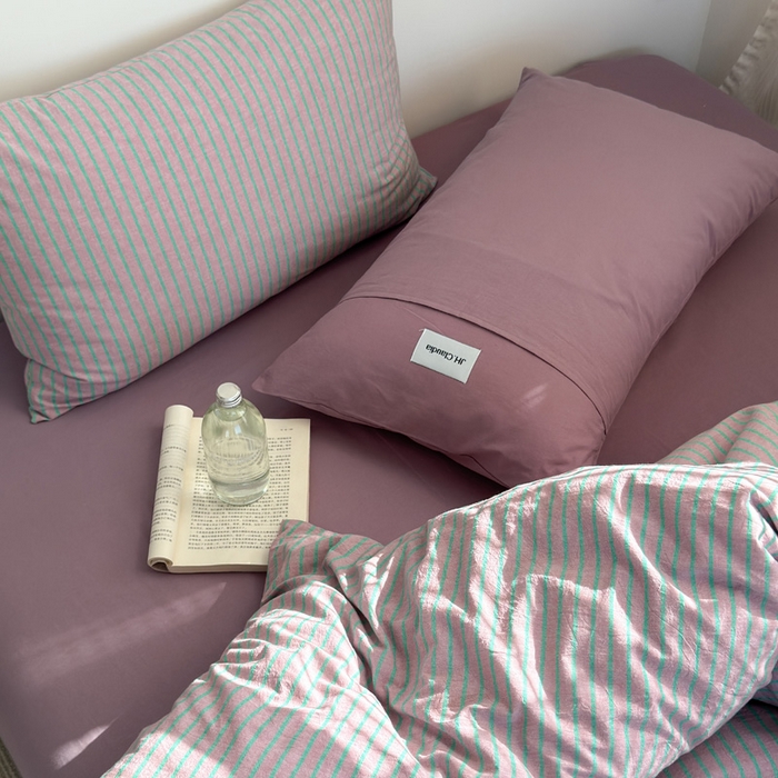 91家纺网 家纺一手货源 找家纺 玖弘家居 2025新款全棉纯棉水洗棉五色条纹混搭单床笠 混搭紫粉条