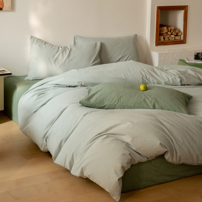 91家纺网 家纺一手货源 找家纺 玖弘家居 2025新款全棉纯棉水洗棉细格单床单 豆绿细格