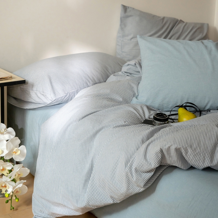 91家纺网 家纺一手货源 找家纺 玖弘家居 2025新款全棉纯棉水洗棉细格单床单 蓝灰细格