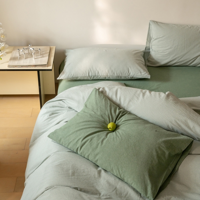 91家纺网 家纺一手货源 找家纺 玖弘家居 2025新款全棉纯棉水洗棉细格单床单 豆绿细格