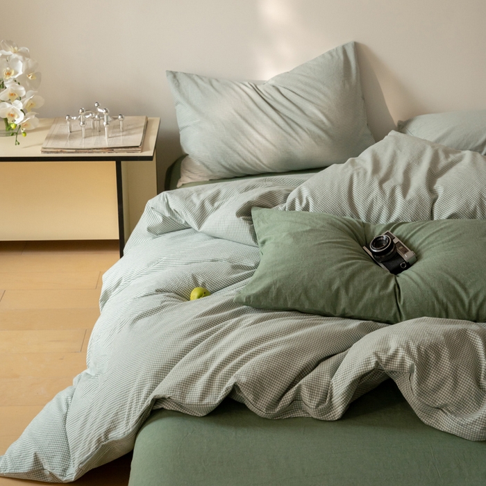 91家纺网 家纺一手货源 找家纺 玖弘家居 2025新款全棉纯棉水洗棉细格单床单 豆绿细格