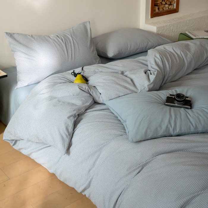 91家纺网 家纺一手货源 找家纺 玖弘家居 2025新款全棉纯棉水洗棉细格单床单 蓝灰细格