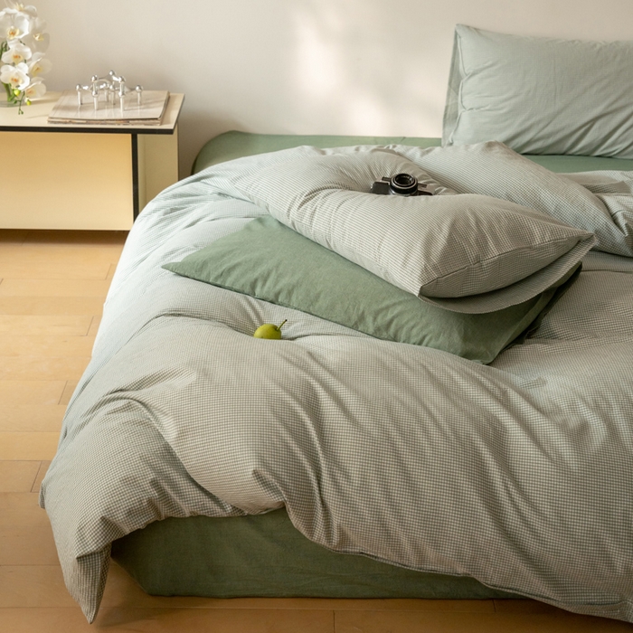 91家纺网 家纺一手货源 找家纺 玖弘家居 2025新款全棉纯棉水洗棉细格单床单 豆绿细格