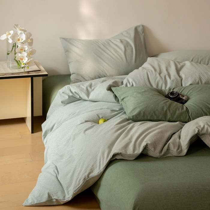 91家纺网 家纺一手货源 找家纺 玖弘家居 2025新款全棉纯棉水洗棉细格单床单 豆绿细格