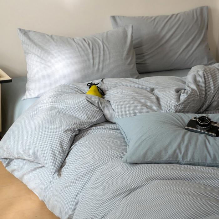91家纺网 家纺一手货源 找家纺 玖弘家居 2025新款全棉纯棉水洗棉细格单床单 蓝灰细格