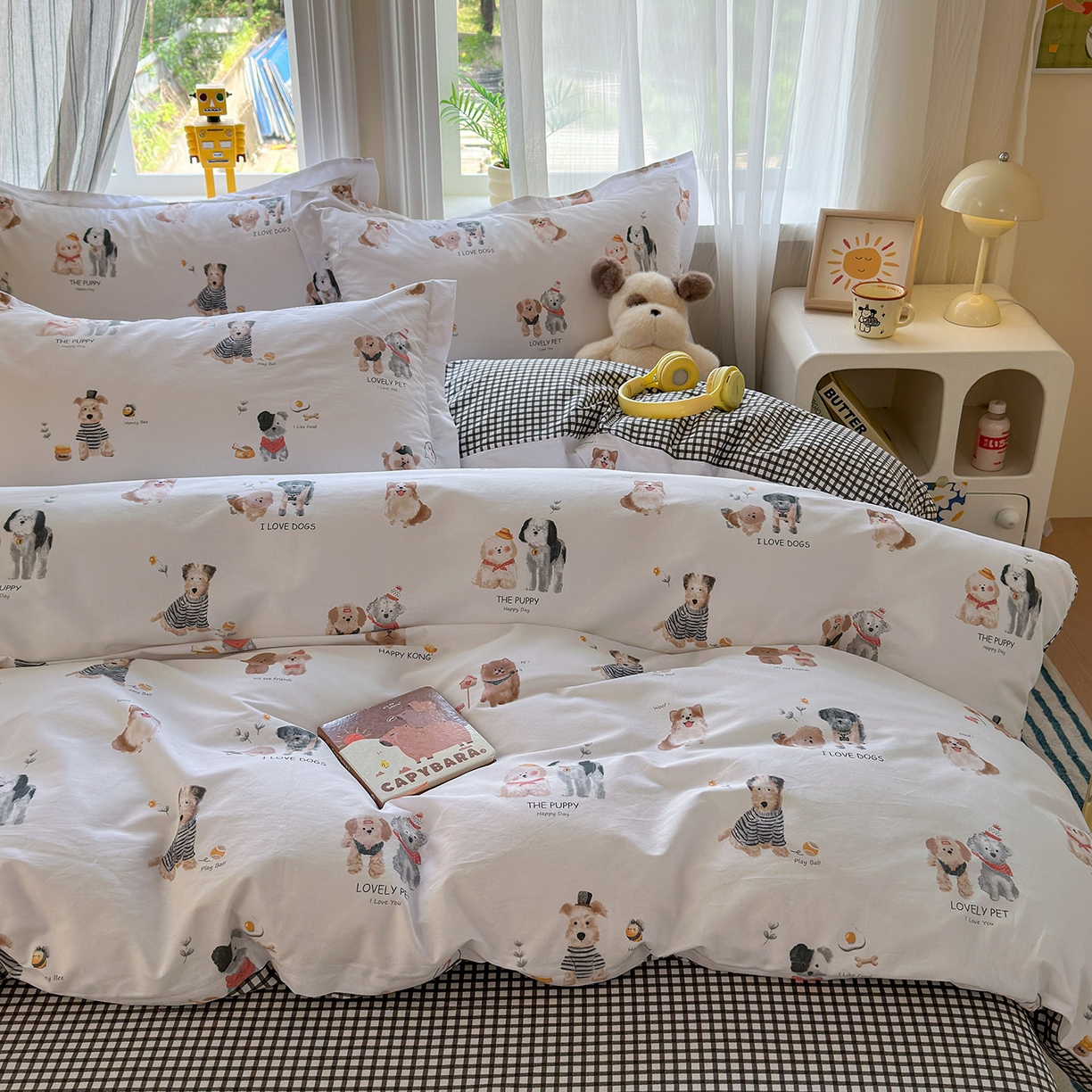 91家纺网 家纺一手货源 找家纺 金盛纺 2025新款全棉印花四件套 欢乐家族