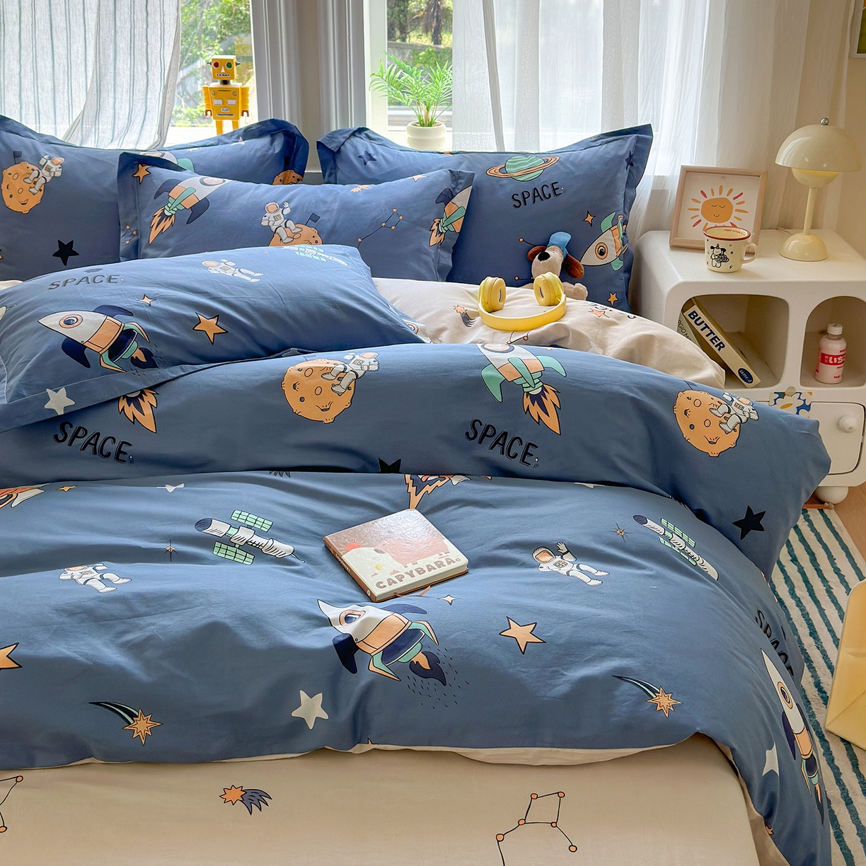 91家纺网 家纺一手货源 找家纺 金盛纺 2025新款全棉印花四件套 环游太空