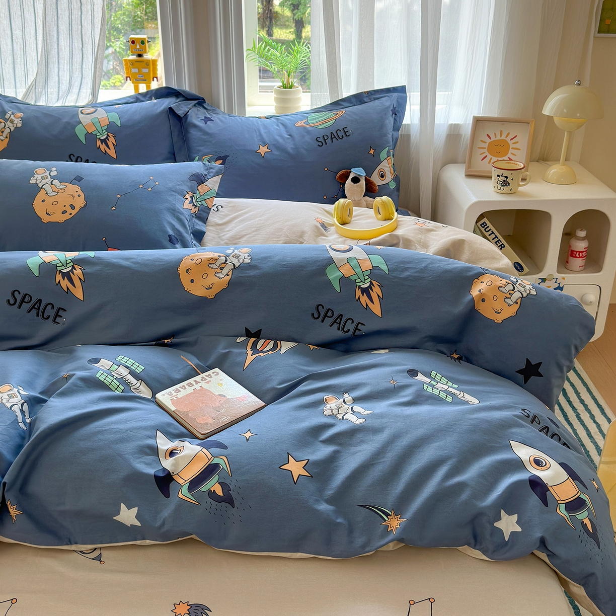 91家纺网 家纺一手货源 找家纺 金盛纺 2025新款全棉印花四件套 环游太空