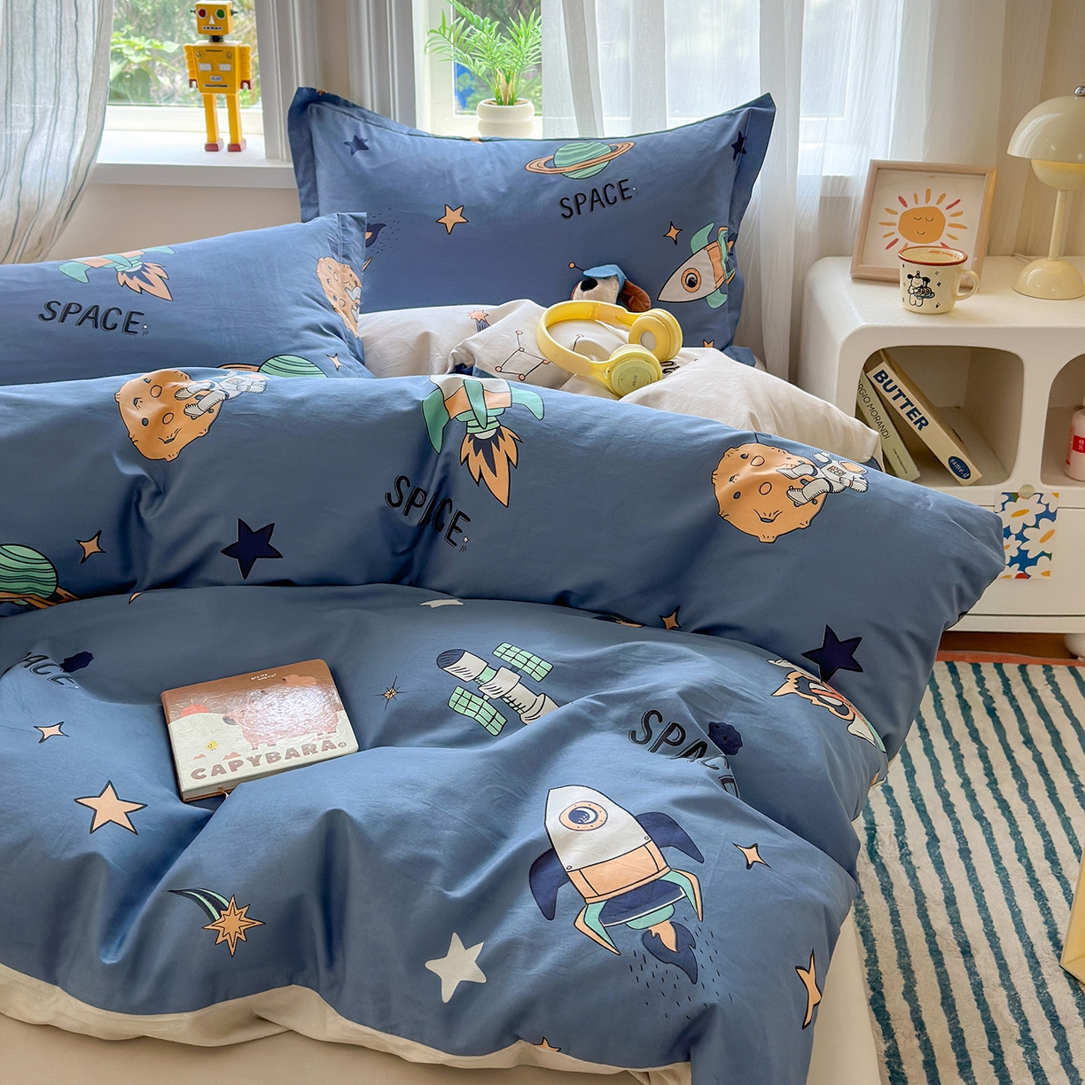 91家纺网 家纺一手货源 找家纺 金盛纺 2025新款全棉印花四件套 环游太空